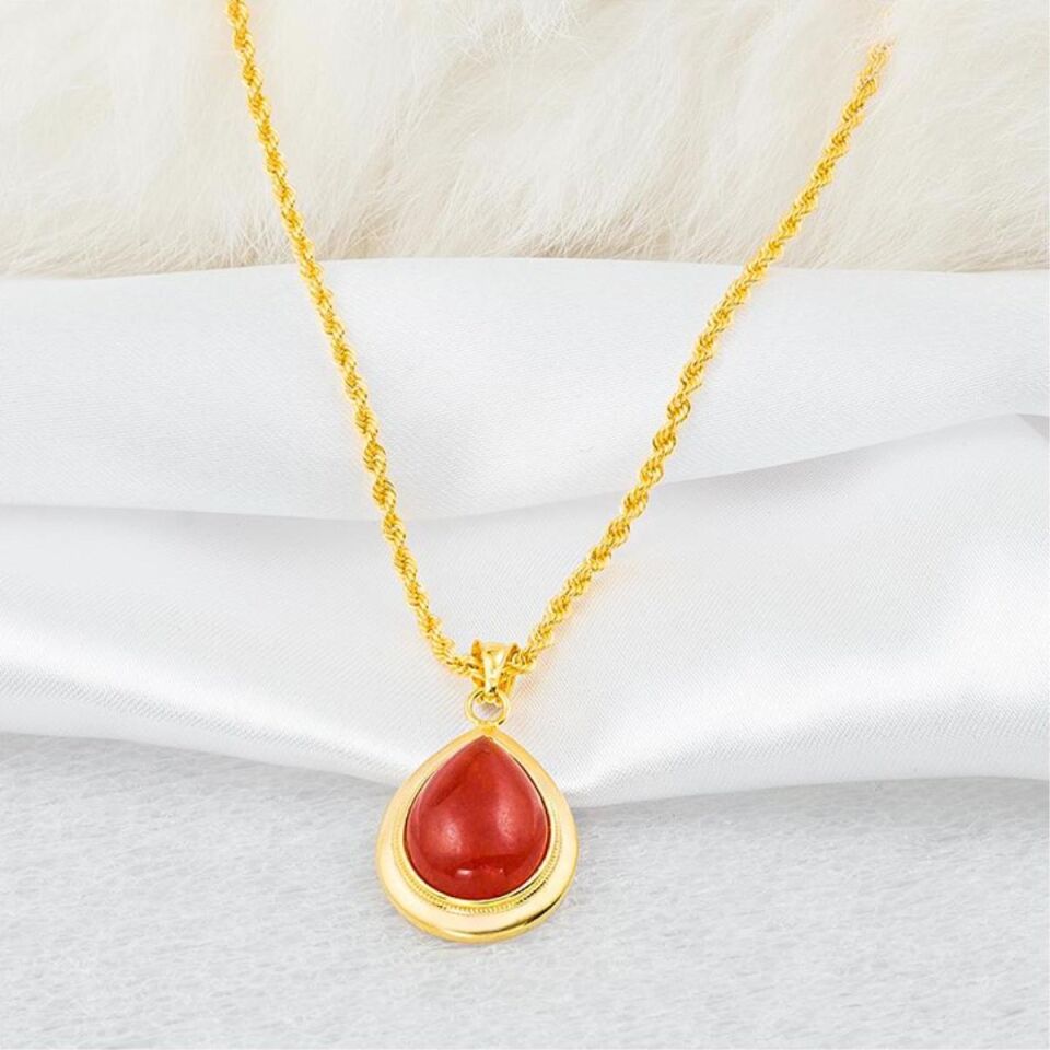 Akik Damla Taşlı Zincirli Altın Kolye