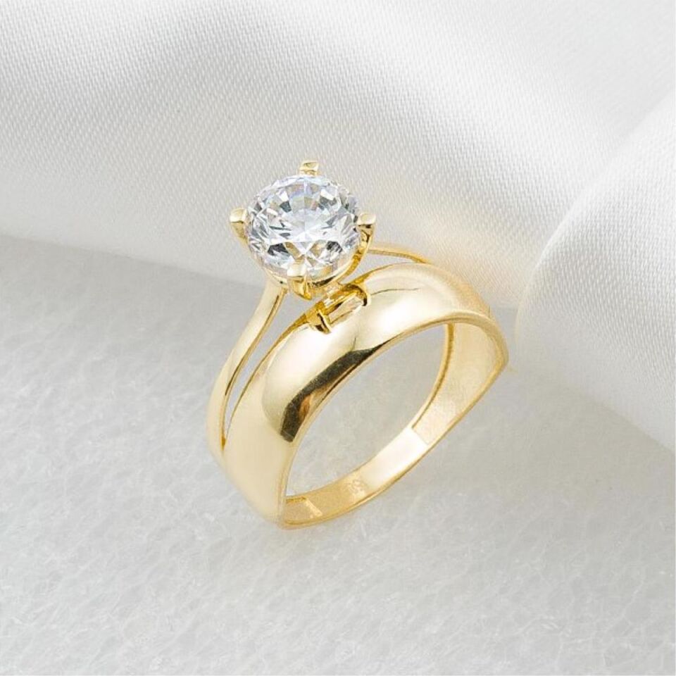 Klasik Alyanslı 14 Ayar Tek Taş Altın Yüzük
