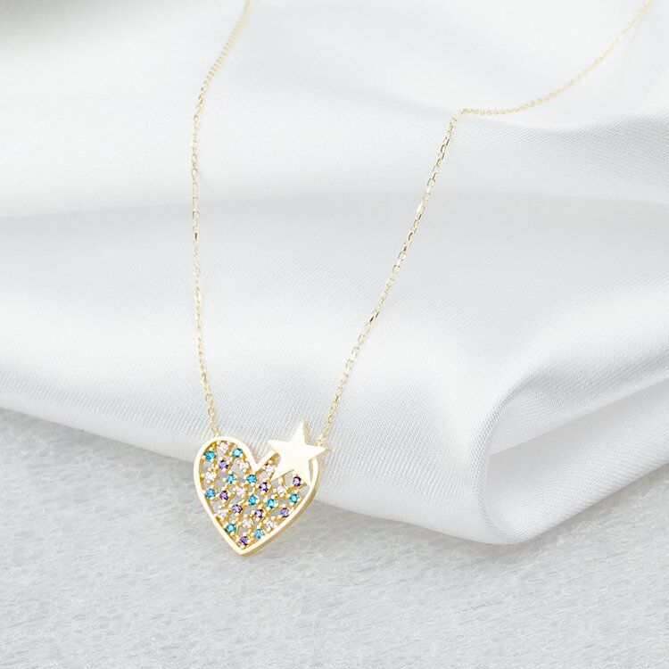 Taşlı Kalpli Yıldızlı 14 Ayar Altın Kolye