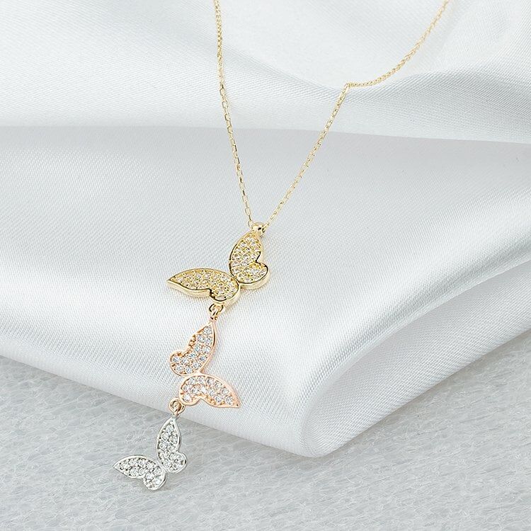 Taşlı Kelebekler 14 Ayar Altın Kolye