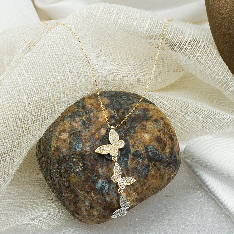 Taşlı Kelebekler 14 Ayar Altın Kolye