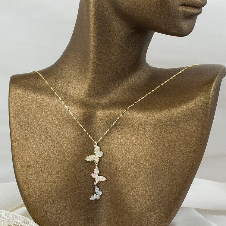 Taşlı Kelebekler 14 Ayar Altın Kolye