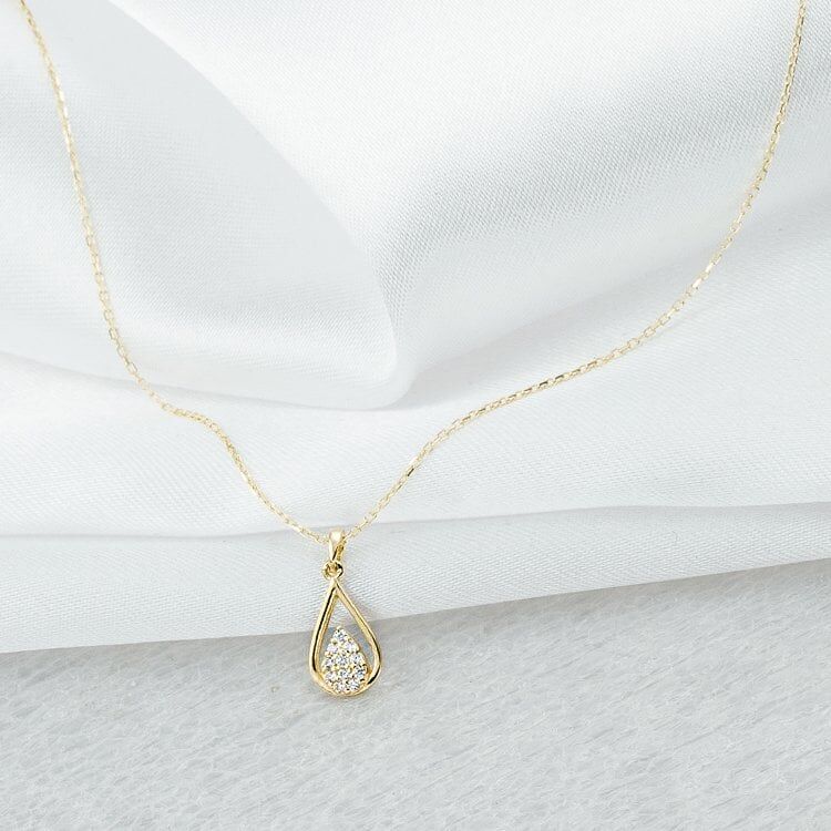 Taşlı Damla 14 Ayar Altın Kolye