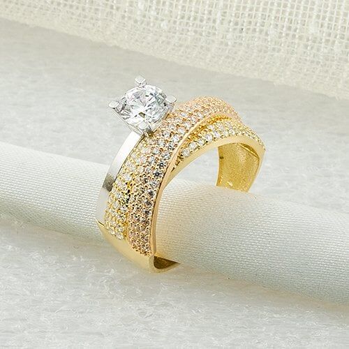 Üç Renkli Taşlı 14 Ayar Altın Tektaş Yüzük