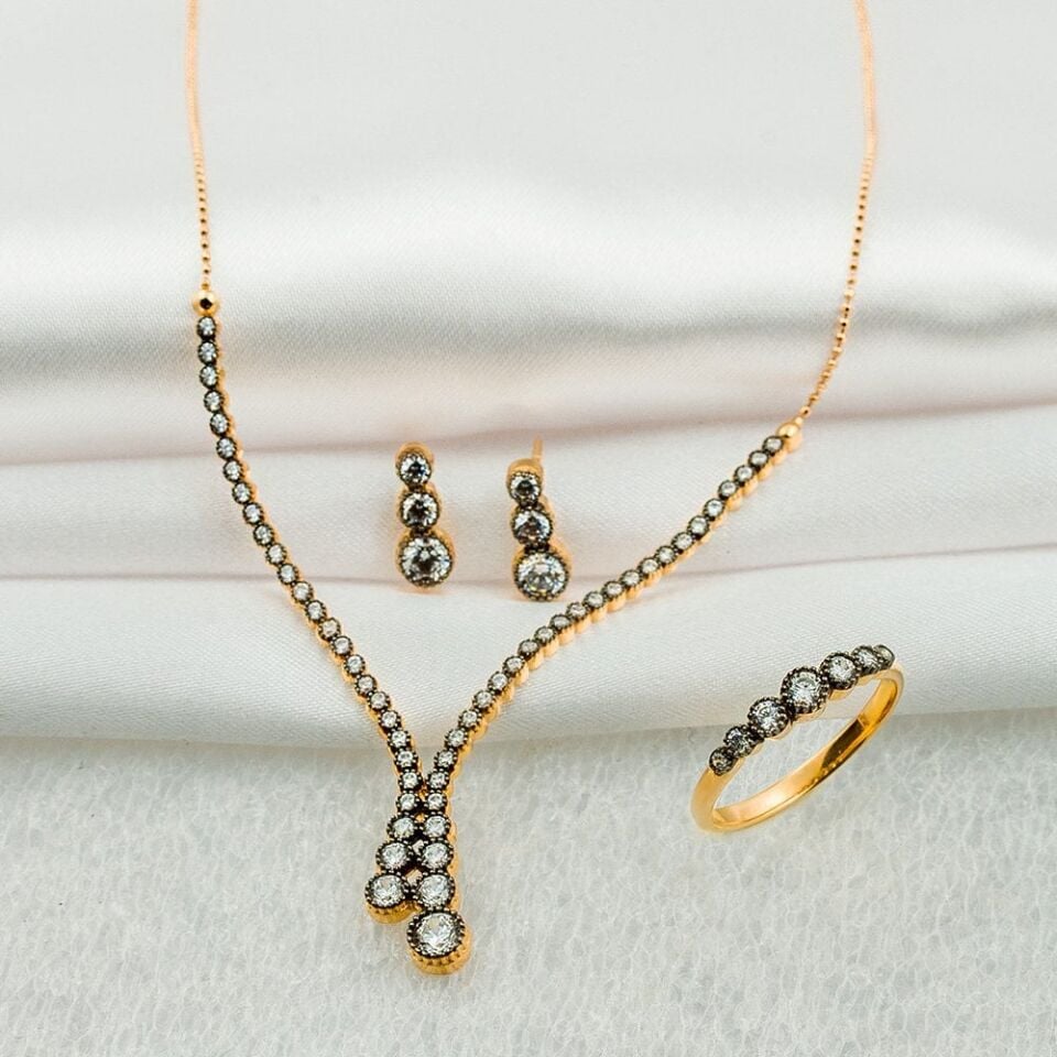 Elmas Modeli 14 Ayar Rose Altın Takı Seti