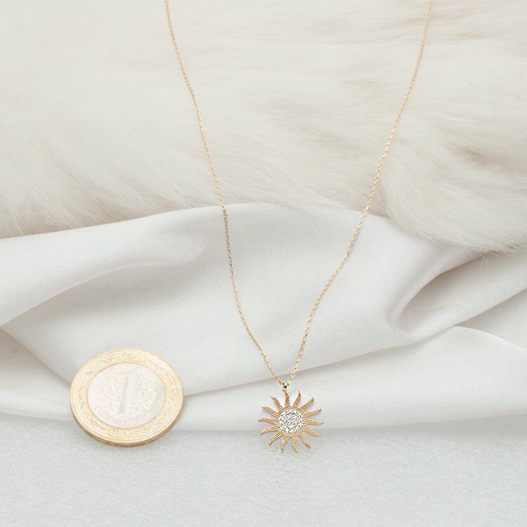 Taşlı Güneşli 14 Ayar Altın Kolye