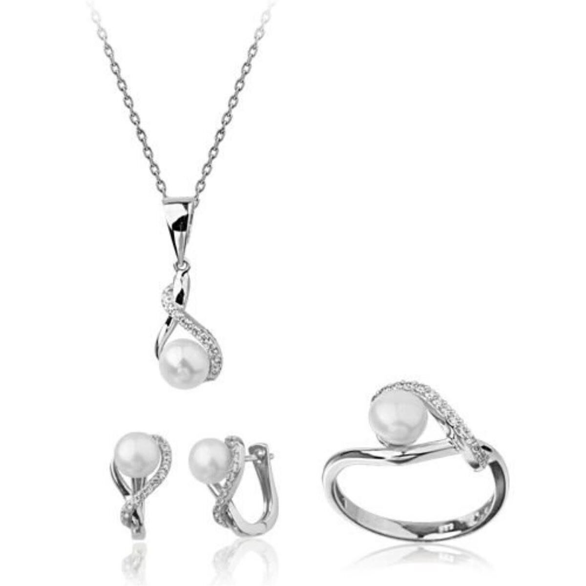 İncili 14 K. Beyaz Altın Zincirli Nişan Takı Seti