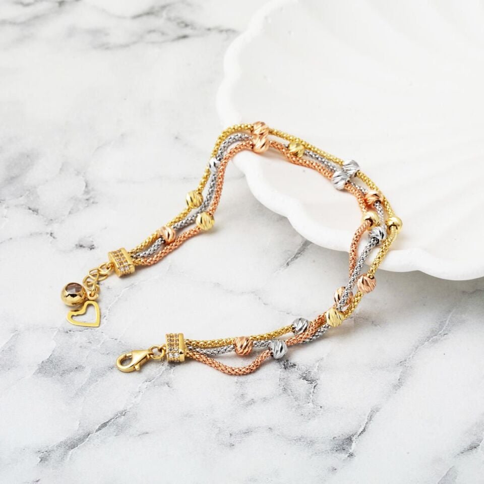 3 Sıra Top Zincirli 14 Ayar Altın Bileklik