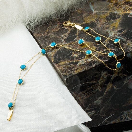 2 Sıralı Firuze Taşlı 14 Ayar Altın Bileklik