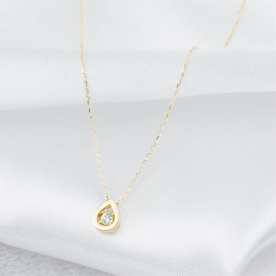 Tek Taşlı Damlalı 14 Ayar Altın Kolye