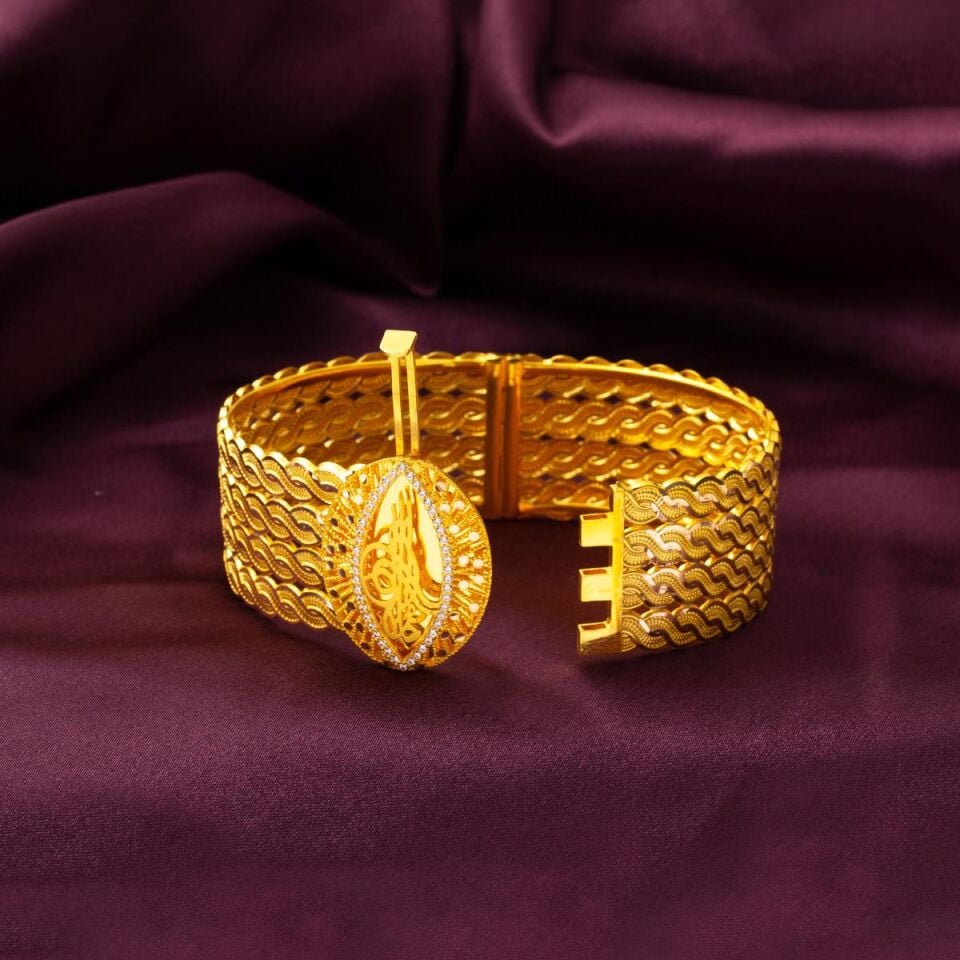 Tuğralı 4 Sıra Örgülü Hasır Altın Bilezik