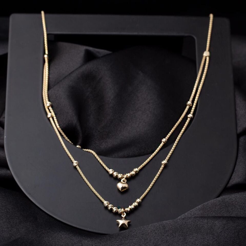 Kalp & Yıldız Çift Zincirli Altın Kolye