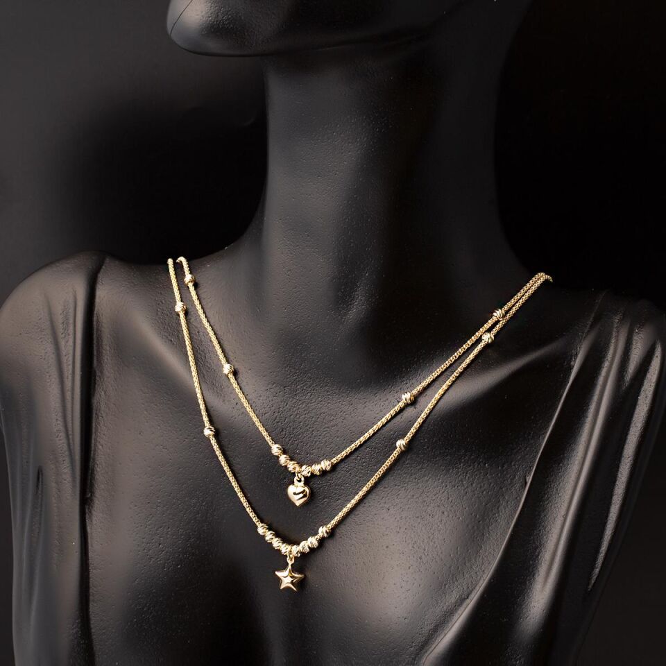 Kalp & Yıldız Çift Zincirli Altın Kolye