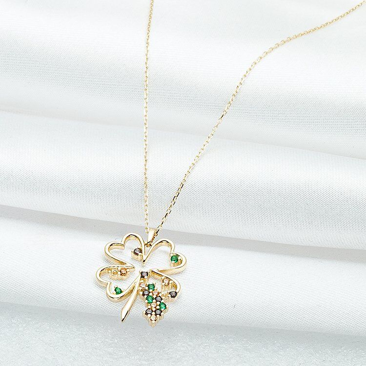 Taşlı Yonca 14 Ayar Altın Kolye