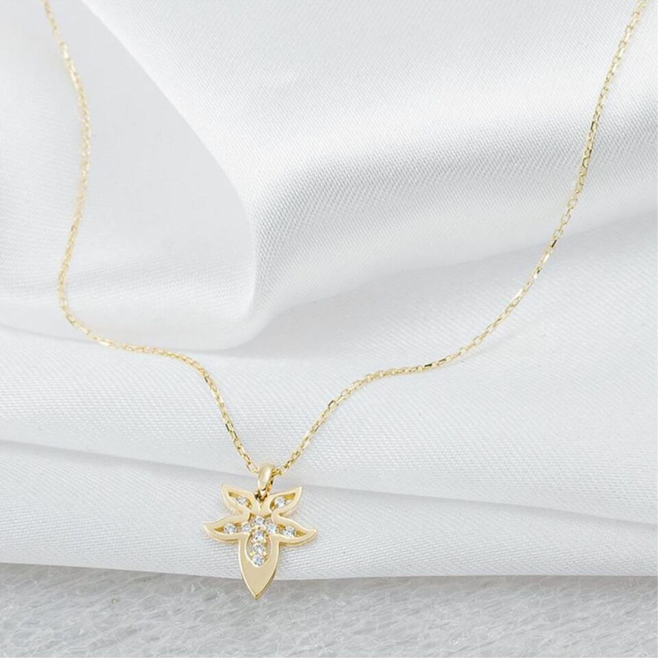 Taşlı Zambak 14 Ayar Altın Kolye