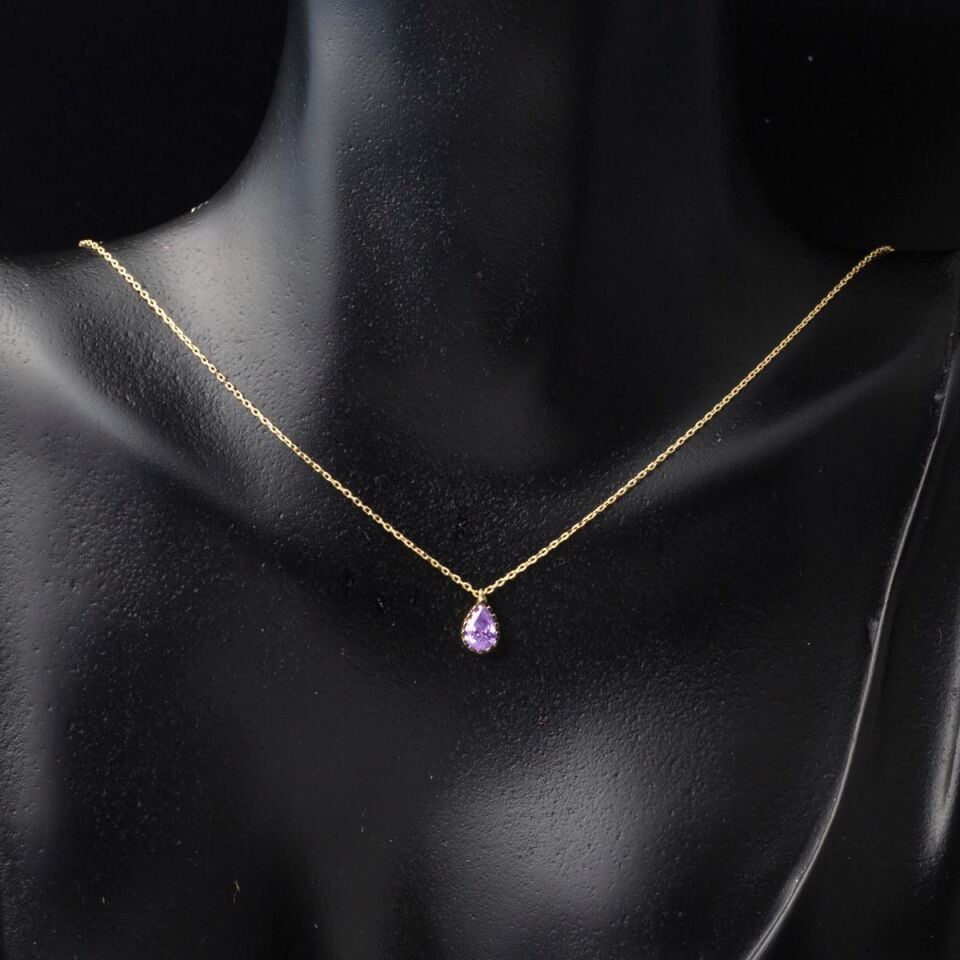 Mor Damla Taşlı 14 Ayar Altın Kolye