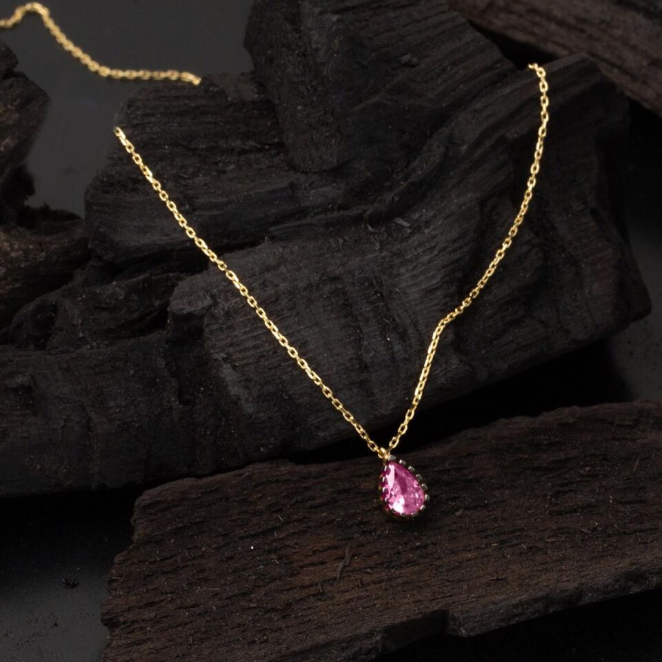 Pembe Damla Taşlı 14 Ayar Altın Kolye