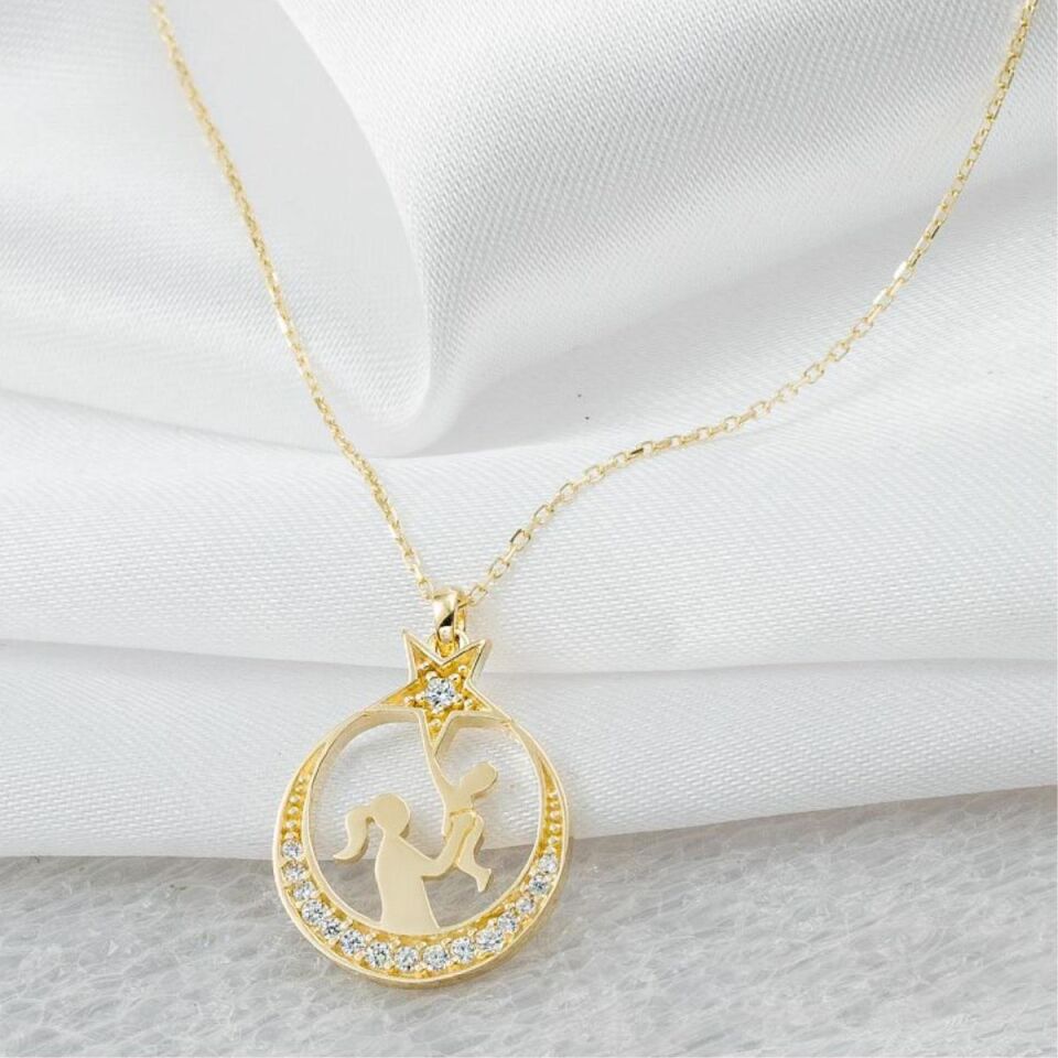 Ay Yıldızlı Anne Bebek 14 Ayar Altın Kolye