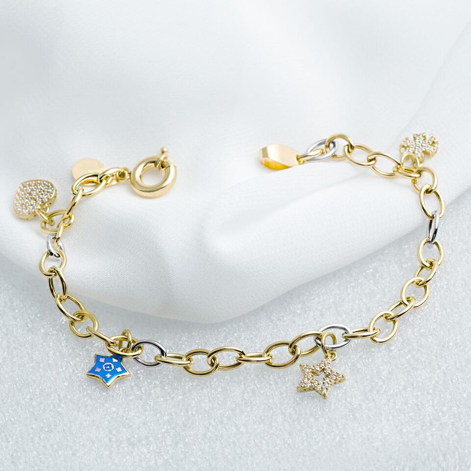 Yıldızlı Kalpli Halkalı Altın Bileklik