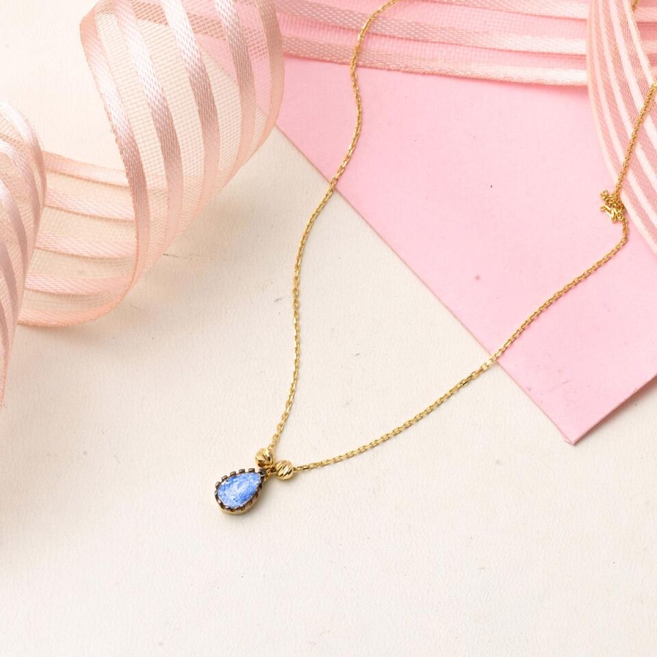 Lacivert Damla Taşlı 14 Ayar Altın Kolye