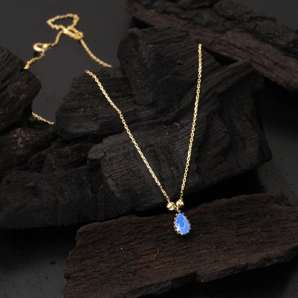 Lacivert Damla Taşlı 14 Ayar Altın Kolye