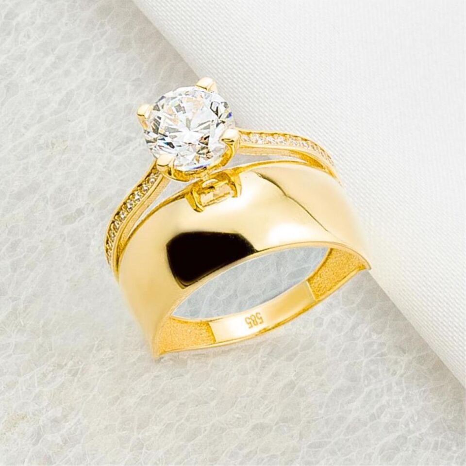 Geniş Alyanslı Tektaşlı 14 Ayar Altın Yüzük