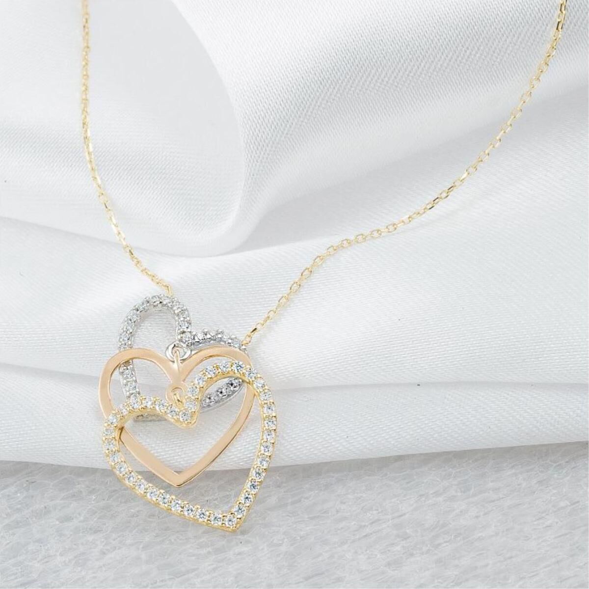 3 Renkli Kalpli 14 Ayar Altın Kolye