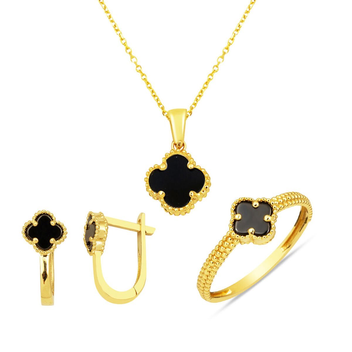 Oniks Taşlı Yonca 14 Ayar Altın Üçlü Takı Seti