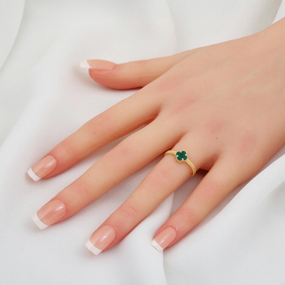 Yeşil Taşlı Yonca Altın Takı Seti 14 Ayar