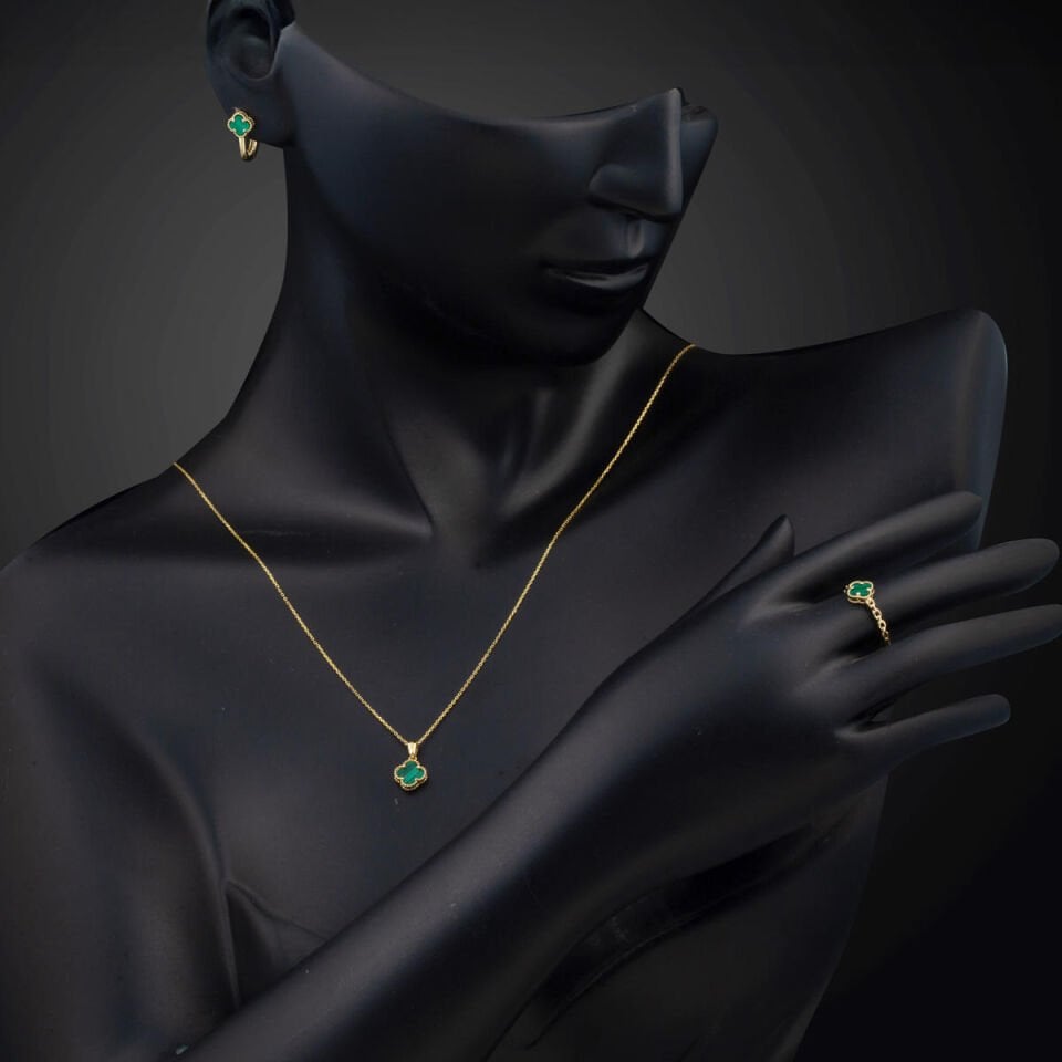 Yonca Yeşil Taşlı Altın Takı Seti 14 Ayar