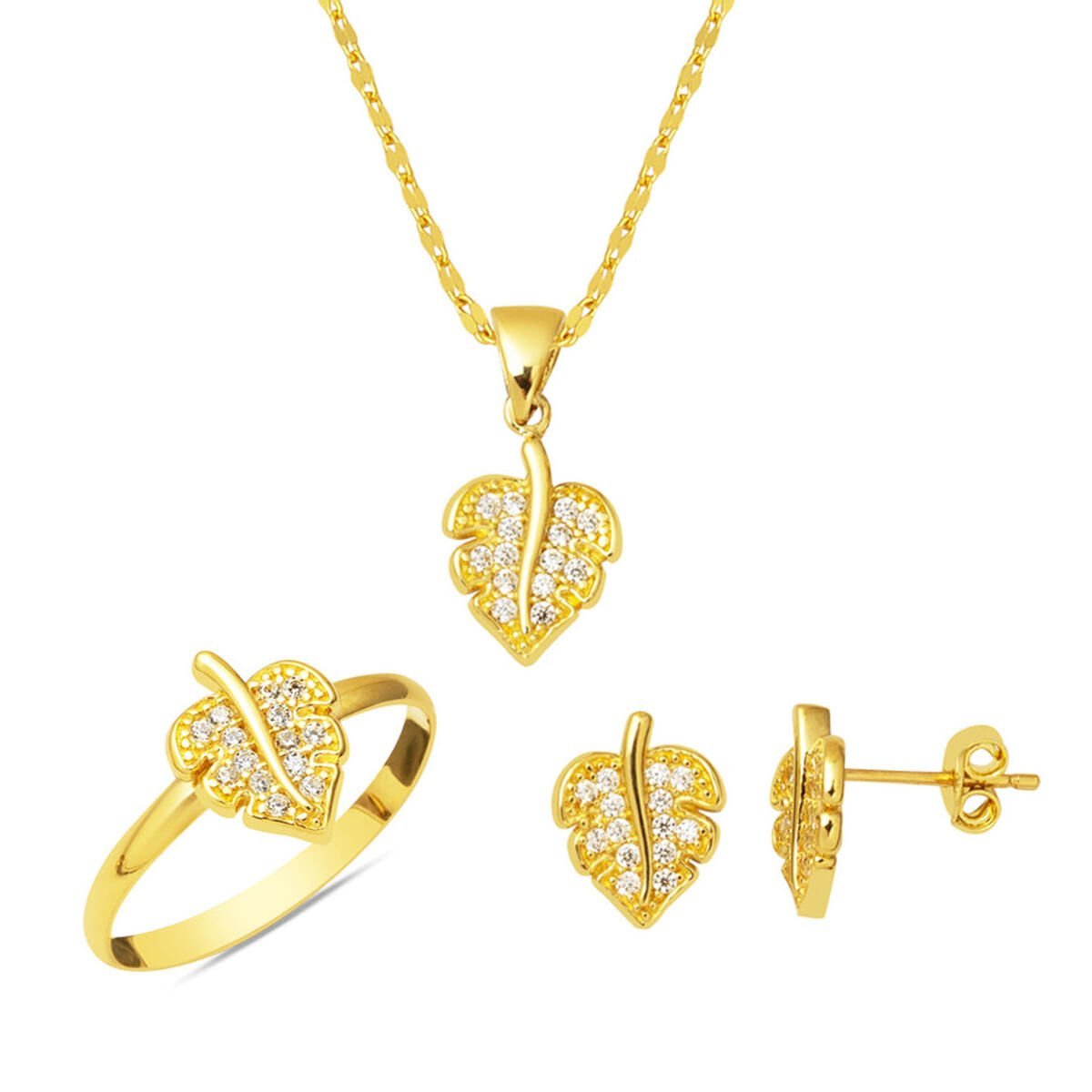 Yapraklı Minimal 14 Ayar Altın Takı Seti