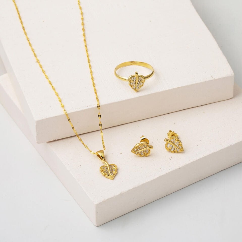 Yapraklı Minimal 14 Ayar Altın Takı Seti