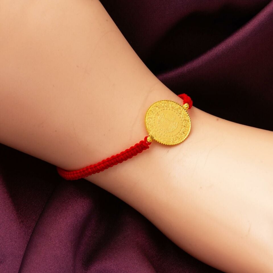 Kırmızı İpli Kenarları Altınlı Çeyrekli Bileklik