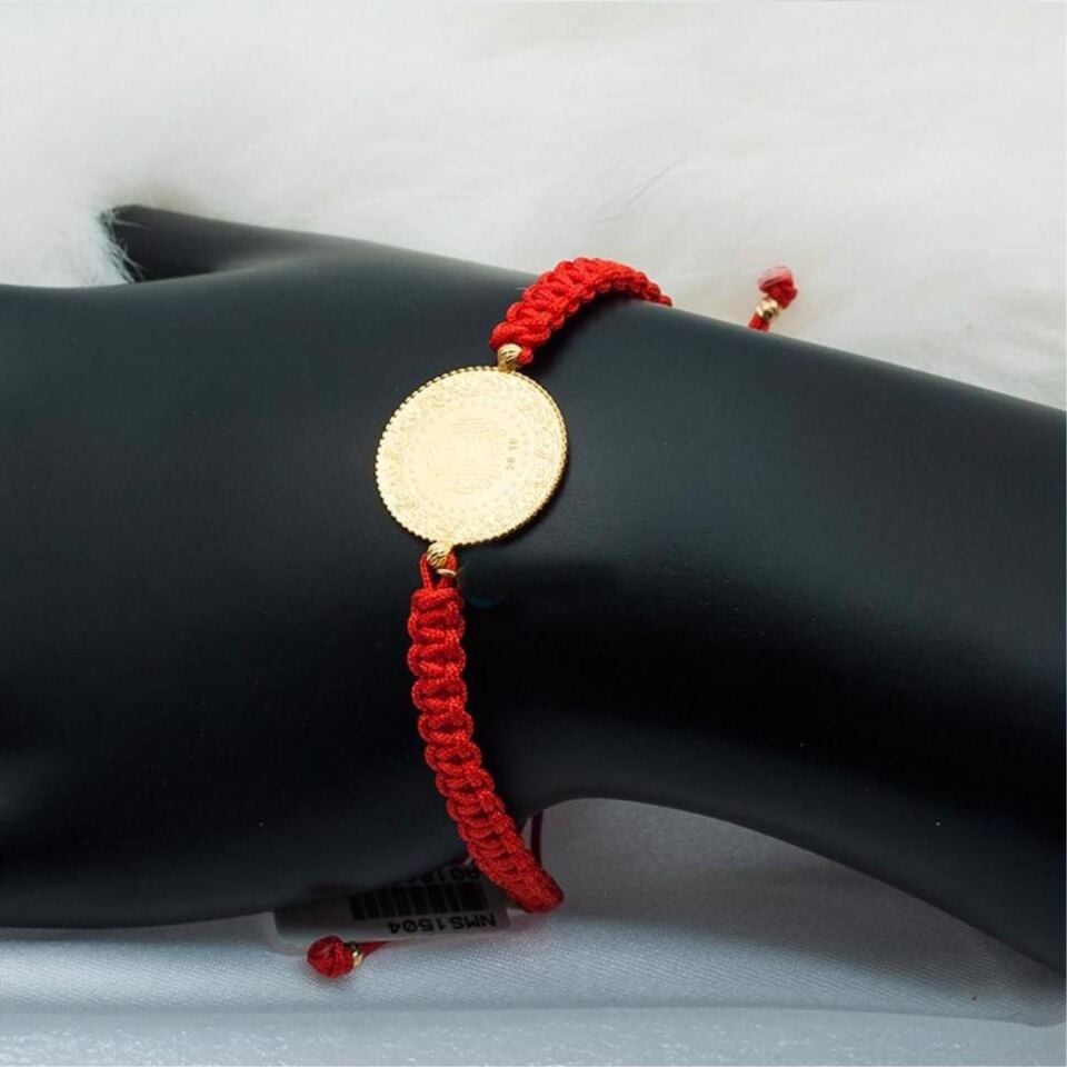Kırmızı İpli Kenarları Top Altınlı Yarım Altın Bileklik