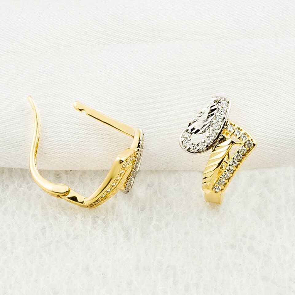 Çift Renkli Taşlı 14 Ayar Altın Küpe