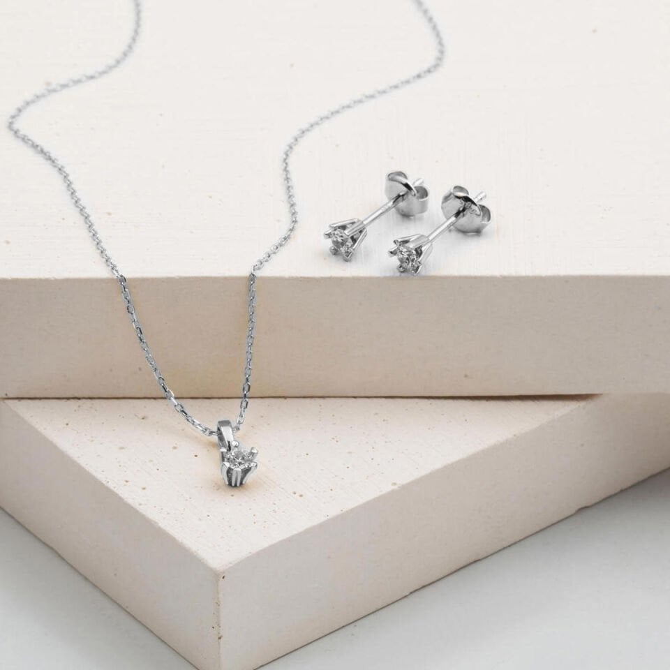 Altı Tırnaklı Tektaş 14 Ayar Beyaz Altın 2'li Set