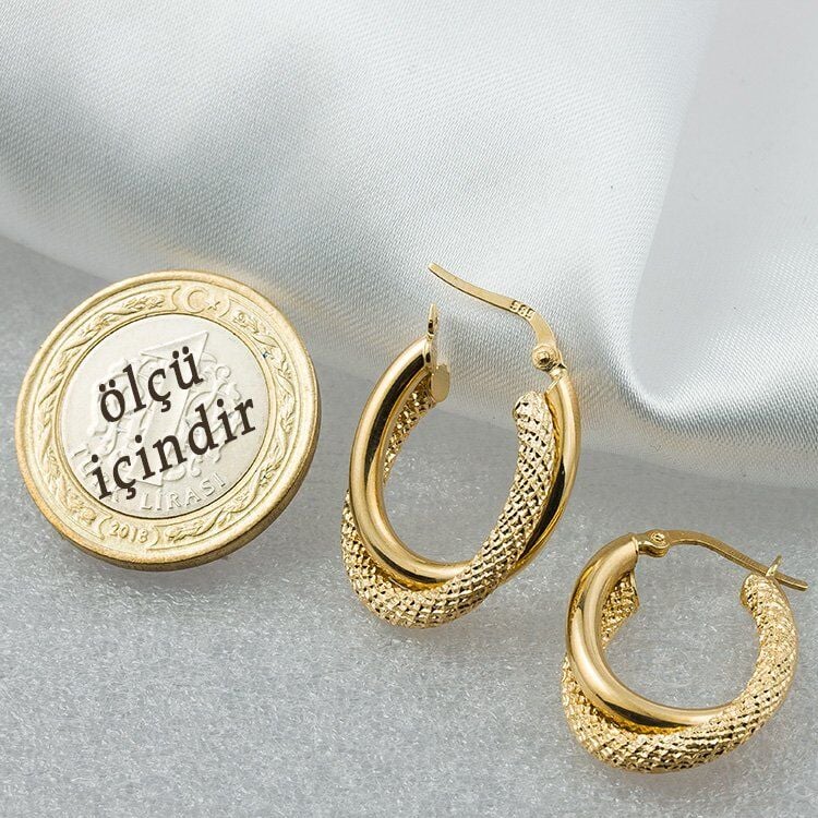 Balık Sırtı İkili 14 Ayar Altın Küpe