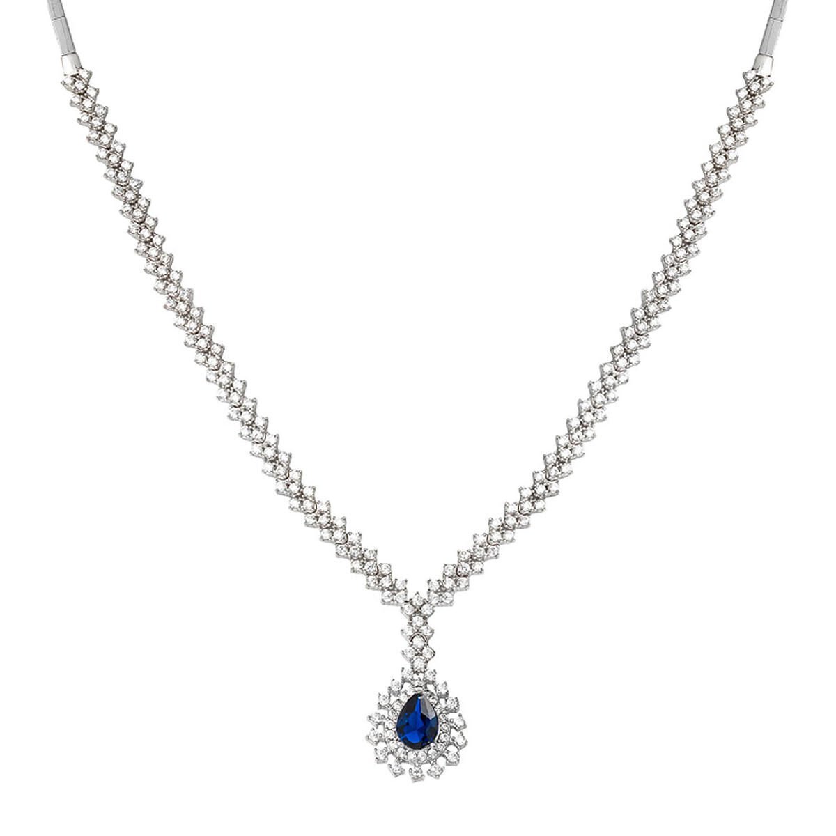 Lacivert Damla Taşlı Suyolu 14 Ayar Beyaz Altın Kolye