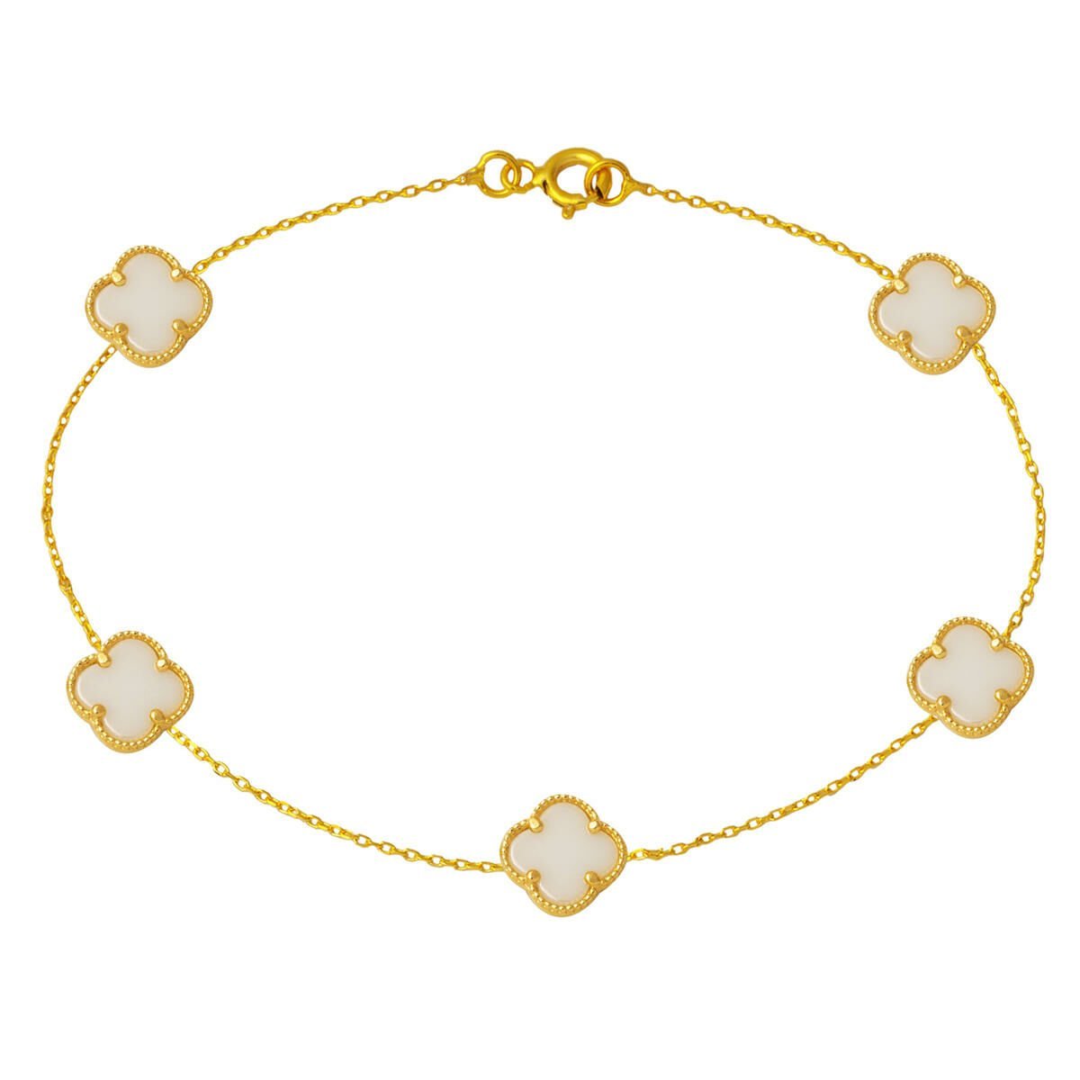 Beyaz Taşlı Yonca Altın Bileklik 14 Ayar