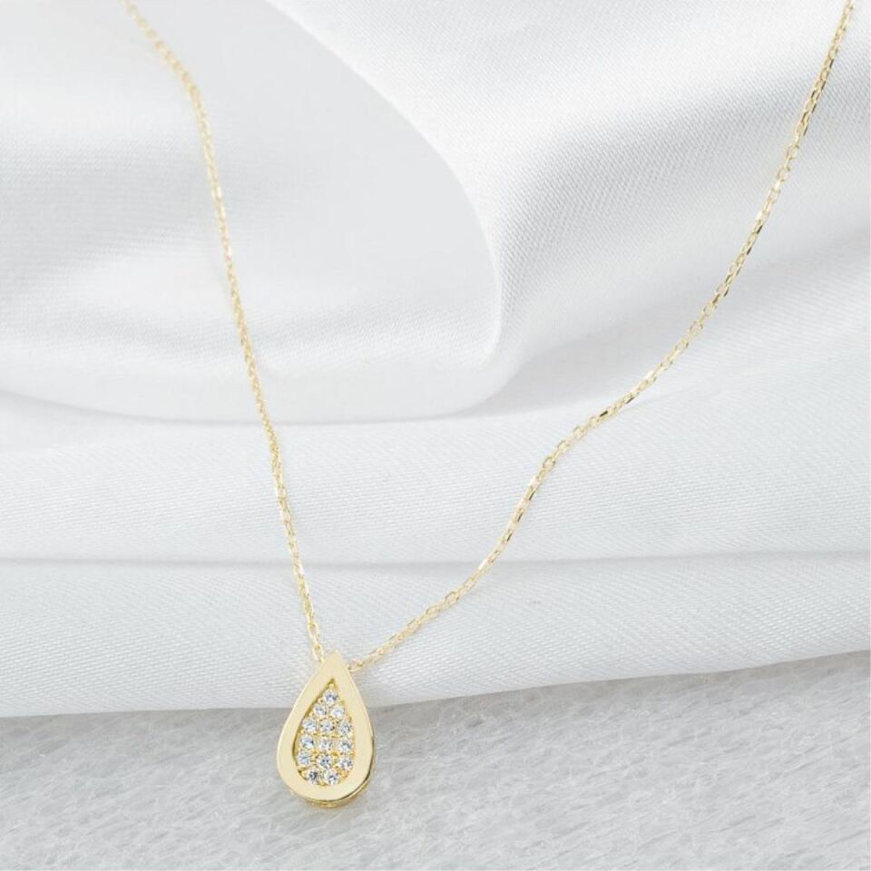 Taşlı Damla 14 Ayar Altın Kolye