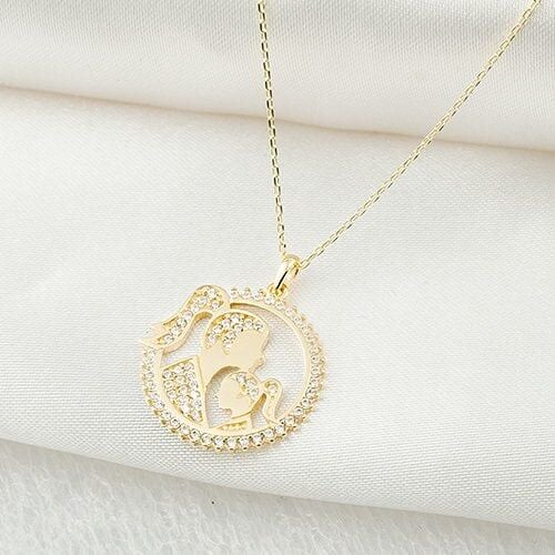 Taşlı Anne Kız 14 Ayar Altın Kolye