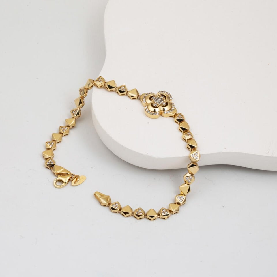 Kristal Yonca Altın Bileklik 14 Ayar