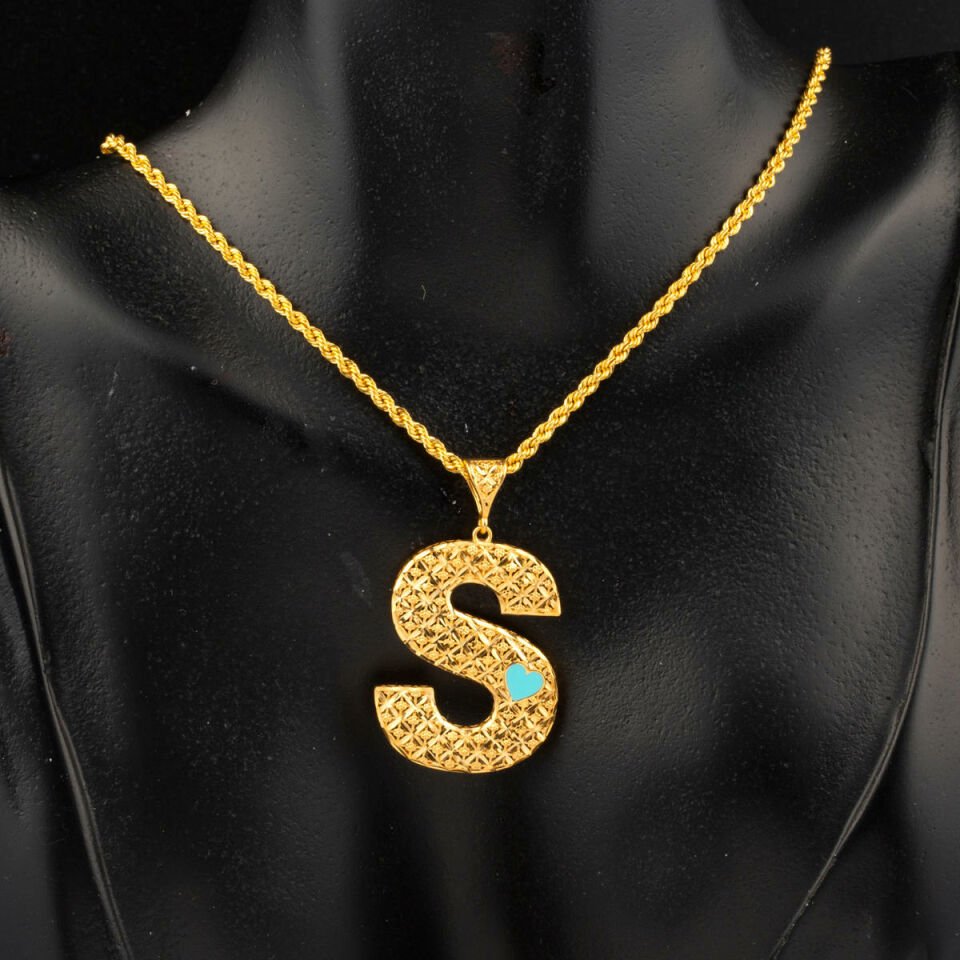 S Harfi Kalp Mineli 22 Ayar Altın Kolye