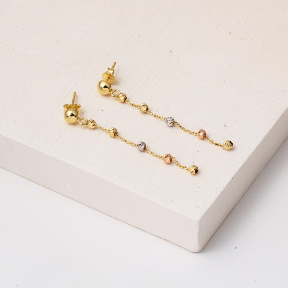 Üç Renkli Dorika Küpe 14 Ayar Altın