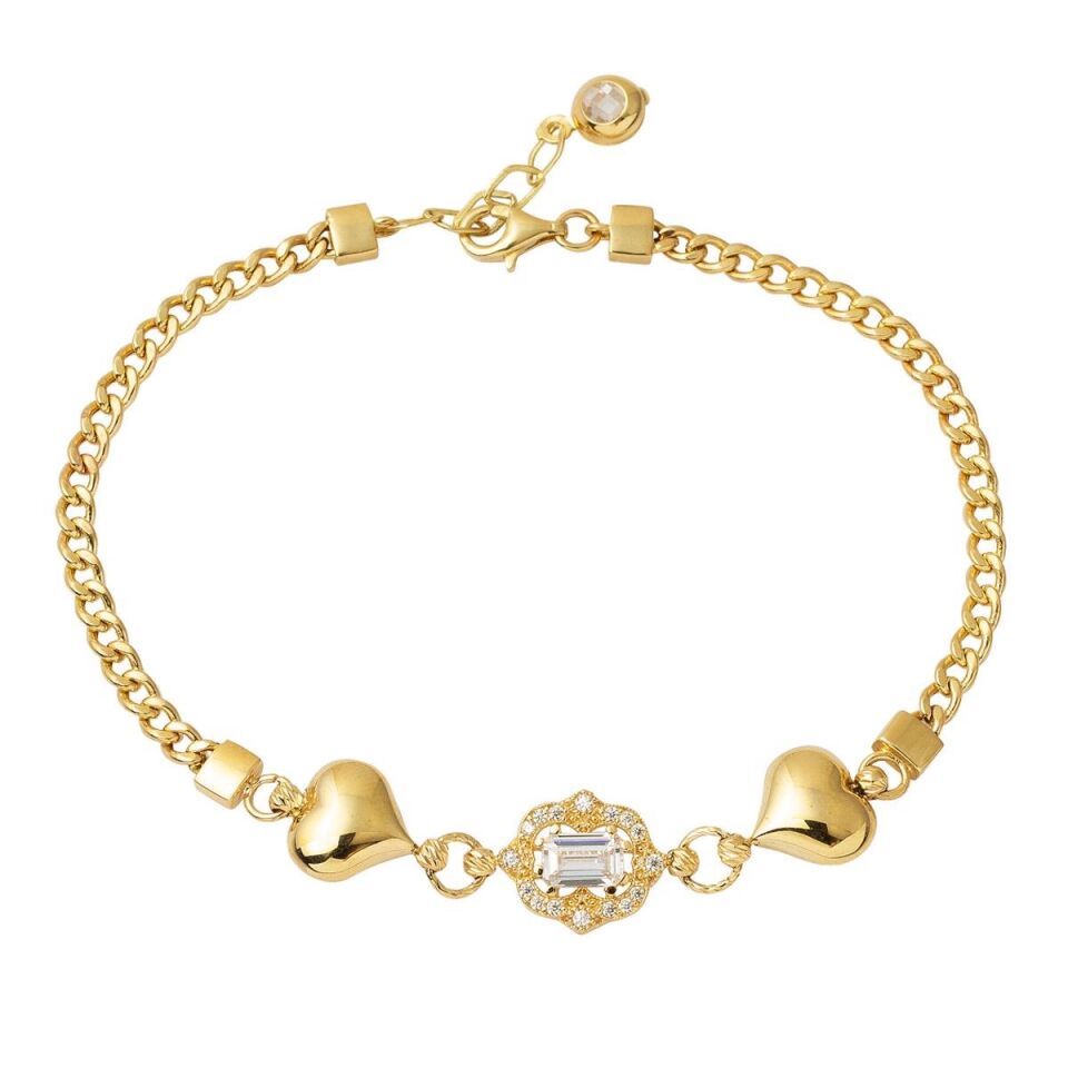 Çift Kalp Baget Taşlı Altın Bileklik