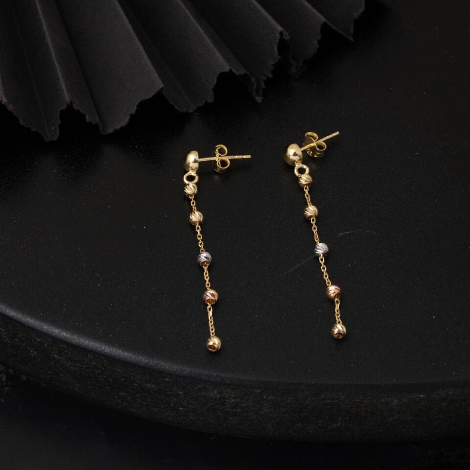 Üç Renkli Dorika Küpe 14 Ayar Altın