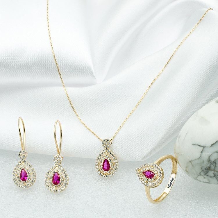 Kırmızı Damla Taşlı 3'lü Altın Set