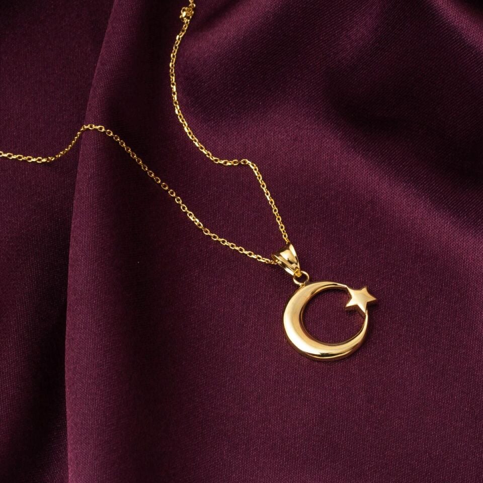 Ay Yıldızlı 14 Ayar Taşsız Altın Kolye