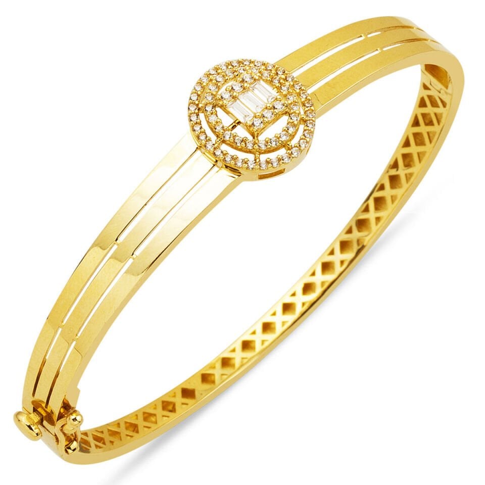 14 Ayar Oval Baget Taşlı Altın Kelepçe Bilezik