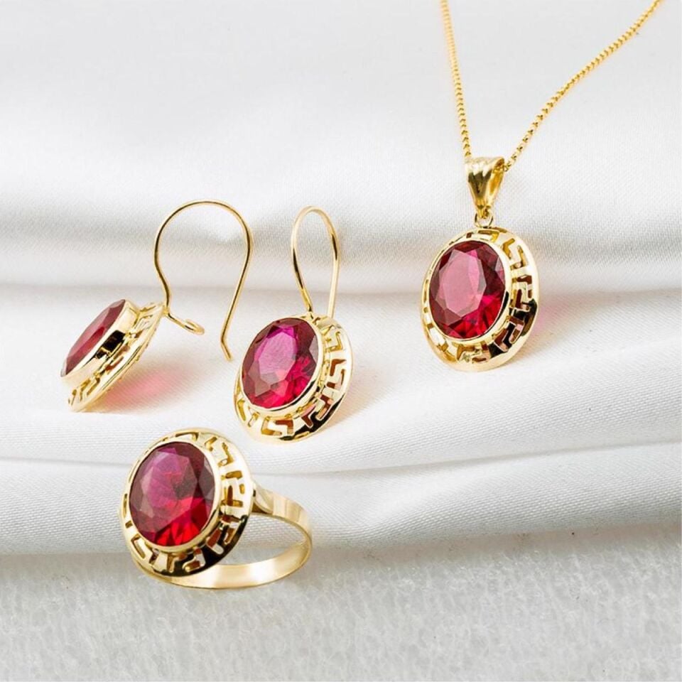 Kırmızı Taşlı 14 Ayar Altın Takı Seti
